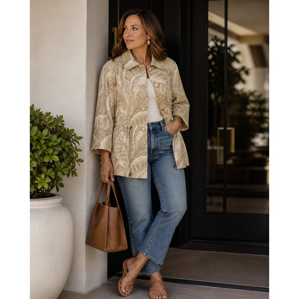 Nic + Zoe Jacket Women L Beige Leaf‎ Print Button Front Cinch Waist Boho Casual